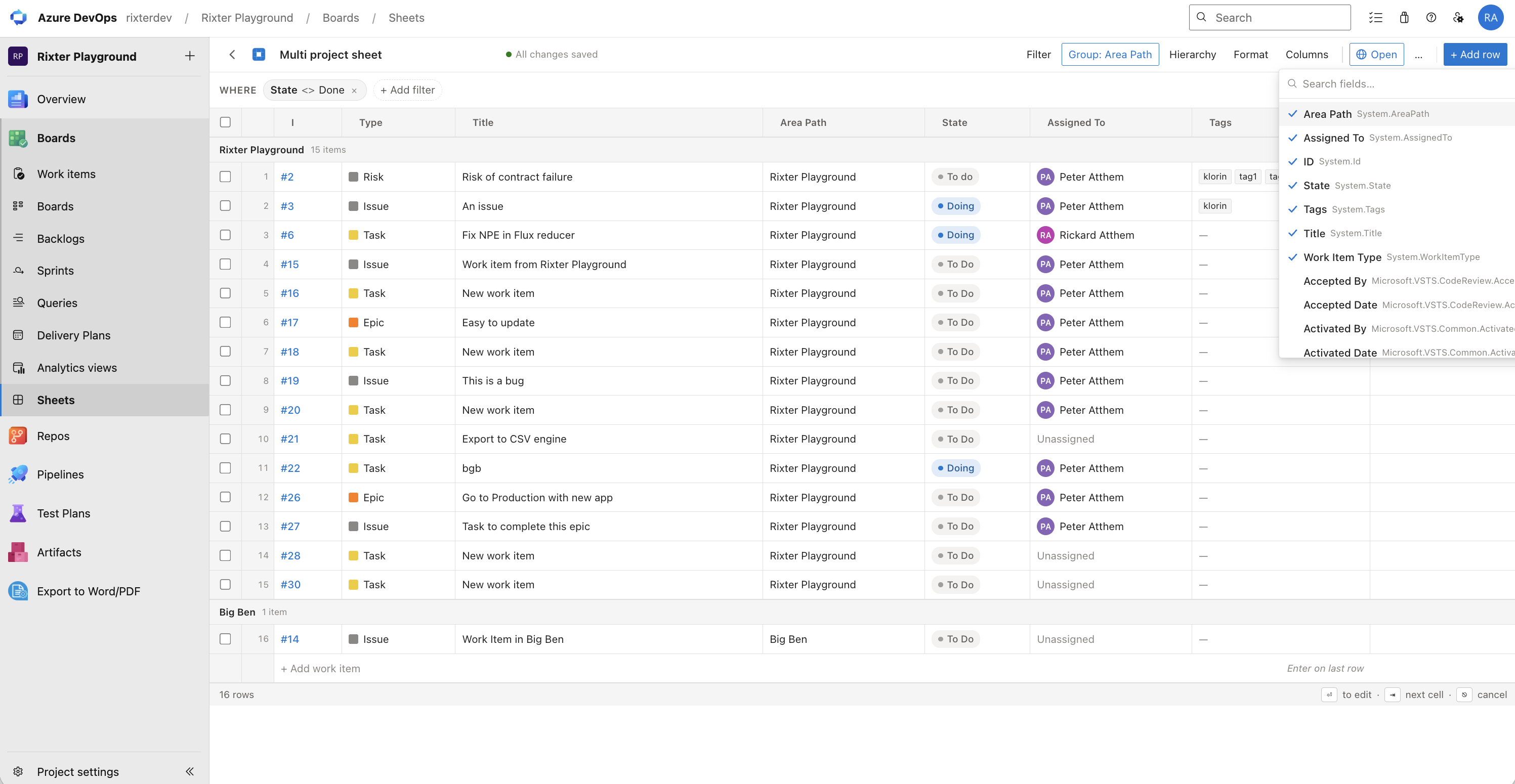Column picker to customise which fields to display